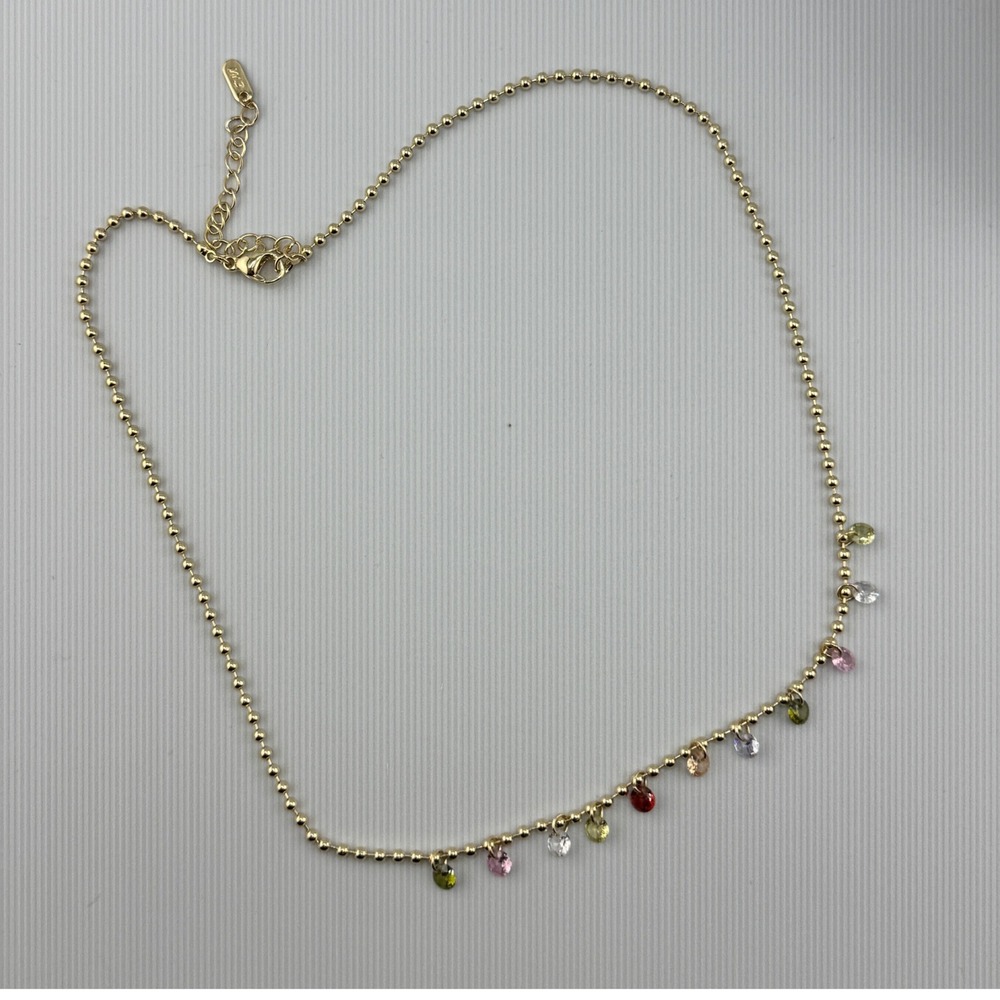 Gold Tone Multi Color Crystal Charm Ball Chain Necklace Adjustable Lobster Clasp - Picture 4 of 4